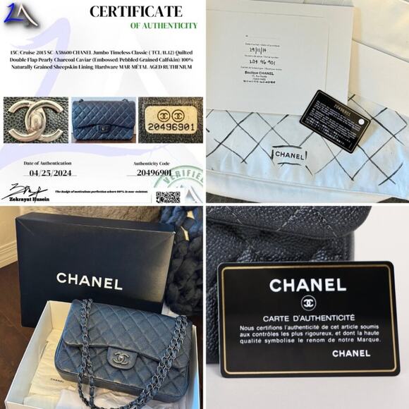 CHANEL 15C Dark Gray (Metallic) Jumbo Classic Caviar Double Flap Bag Ruthenium - Picture 9 of 10